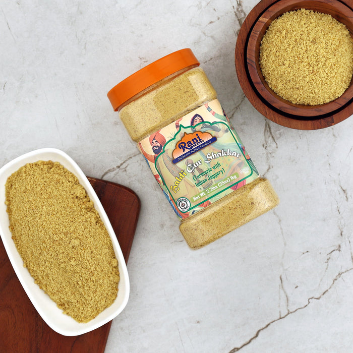 Rani Haldi Gur Shakkar (Turmeric with Indian Jaggery) Indian Unrefined Raw Cane Sugar 35oz (2.2lbs) 1kg PET Jar ~ Gluten Friendly | Vegan | NON-GMO | Kosher | No Salt or fillers | Indian Product