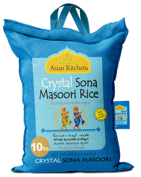 Asian Kitchen Crystal Sona Masoori Aged Rice 10lbs (4.54kg) Short Grain Rice ~ All Natural | Gluten Friendly | Vegan | Kosher | Indian Origin | Export Quality