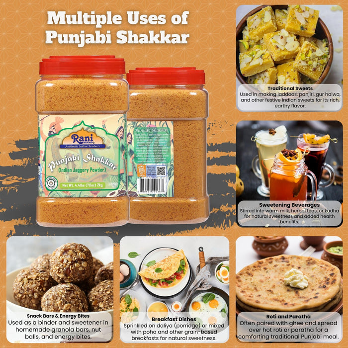 Rani Punjabi Shakkar (Gur Jaggery Powder) Indian Unrefined Raw Cane Sugar 70oz (4.4lbs) 2kg PET Jar ~ Gluten Friendly | Vegan | NON-GMO | Kosher | No Salt or fillers | Indian Product