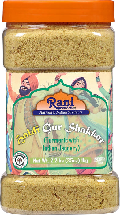 Rani Haldi Gur Shakkar (Turmeric with Indian Jaggery) Indian Unrefined Raw Cane Sugar 35oz (2.2lbs) 1kg PET Jar ~ Gluten Friendly | Vegan | NON-GMO | Kosher | No Salt or fillers | Indian Product