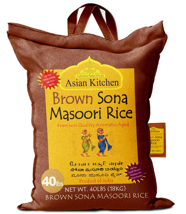 Asian Kitchen Brown Sona Masoori Aged Rice 40-Pound Bag, 40lbs (18.14kg) Short Grain Rice ~ All Natural | Gluten Friendly | Vegan | Kosher | Indian Origin | Export Quality