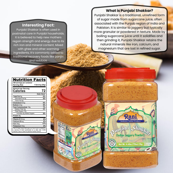 Rani Punjabi Shakkar (Gur Jaggery Powder) Indian Unrefined Raw Cane Sugar 70oz (4.4lbs) 2kg PET Jar ~ Gluten Friendly | Vegan | NON-GMO | Kosher | No Salt or fillers | Indian Product