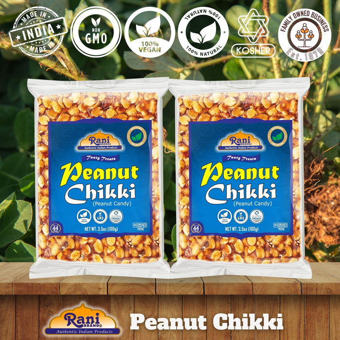 Rani Peanut Chikki (Brittle Candy) 100g (3.5oz) x Pack of 2 ~ All Natural | Vegan | Kosher | No colors | Gluten Friendly | Indian Origin