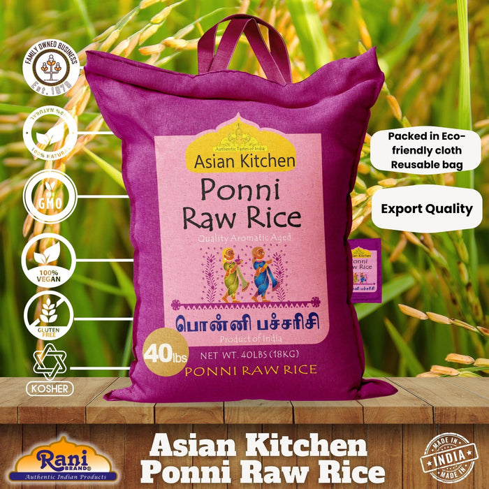 Asian Kitchen Ponni Raw Rice 40-Pound Bag, 40lbs (18.14kg) Short Grain Rice ~ All Natural | Gluten Friendly | Vegan | Indian Origin | Export Quality