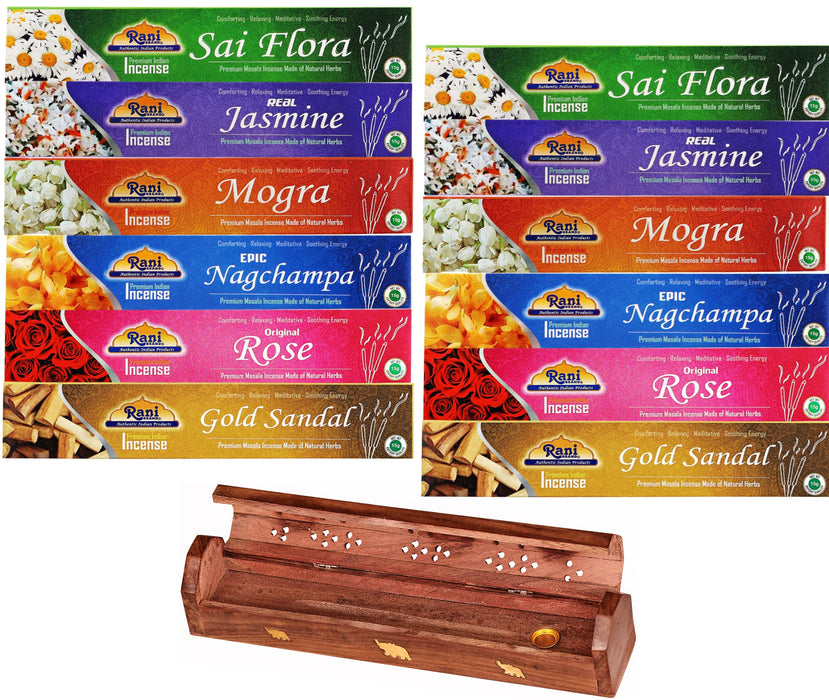 Rani Multi Pack Incense (Premium Masala Incense Made of Natural Herbs) 2 of Each Scents (Total of 12 Packets) with Incense Burner ~ Total of 120 Incense sticks | Indian Origin