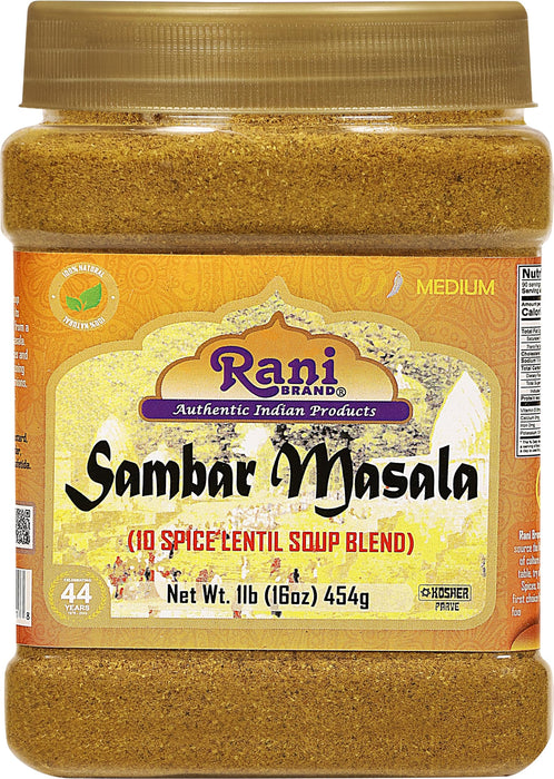 Rani Sambar Masala (Lentil Soup Spice Blend) 16oz (1lb) 454g PET Jar ~ All Natural | Vegan | No Colors | Gluten Friendly | NON-GMO | Kosher | Indian Origin