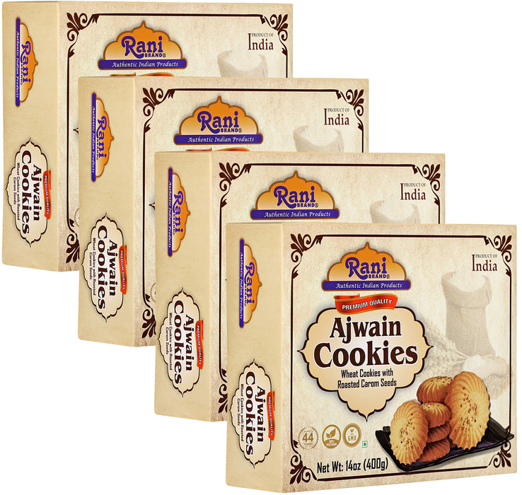 Rani Ajwain Cookies (Wheat Cookies with Roasted Carom Seeds) 14oz (400g) Pack of 3+1 FREE, Premium Quality Indian Cookies ~ All Natural | Vegan | Non-GMO | Indian Origin