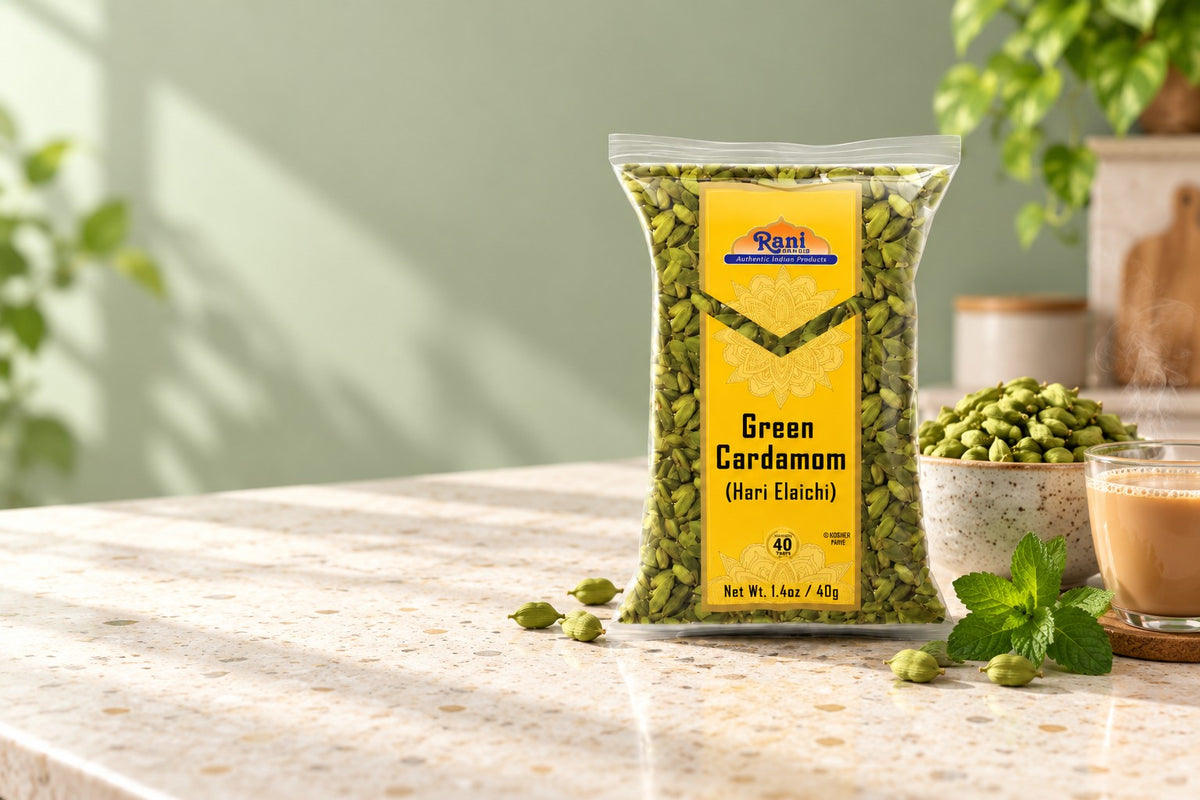 Rani Green Cardamom bag on a sunlit cream terrazzo counter with fresh cardamom pods and masala chai