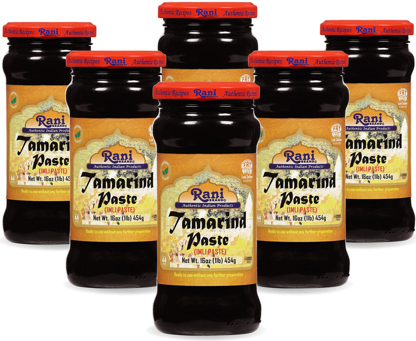 Rani Tamarind Paste Puree (Imli) 16oz (1lb) 454g Glass Jar, No added sugar, Pack of 5+1 FREE ~ All Natural | Vegan | Gluten Free | No Colors | NON-GMO | Kosher | Indian Origin