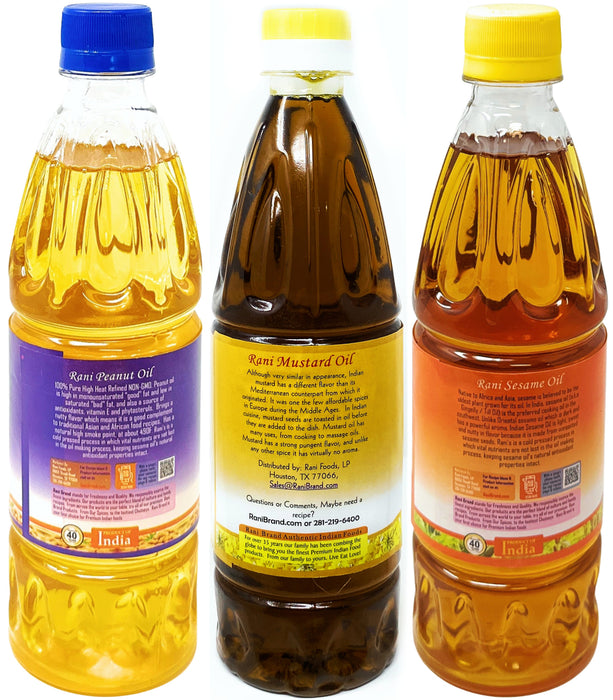 Rani Premium Oils Combo Set of 3 - Peanut Oil, Mustard Oil, Sesame Oil 16.9 Ounce (500ml) ~ Cold Pressed | 100% Natural | NON-GMO | Vegan