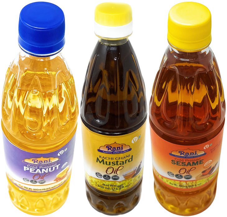 Rani Premium Oils Combo Set of 3 - Peanut Oil, Mustard Oil, Sesame Oil 16.9 Ounce (500ml) ~ Cold Pressed | 100% Natural | NON-GMO | Vegan
