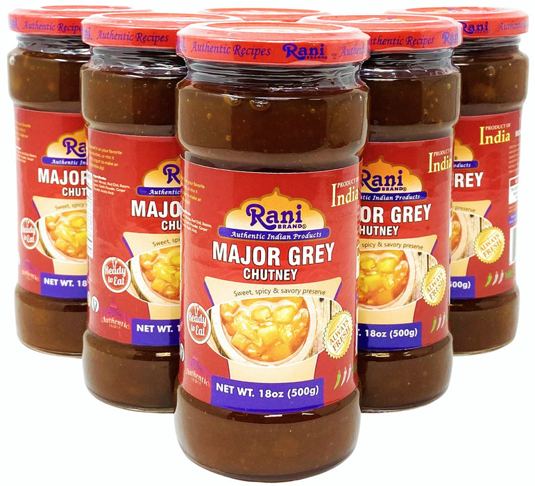 Rani Major Grey Mango Chutney (Indian Preserve) 17.6oz (1.1lbs) 500g Glass Jar, Ready to eat, Vegan, Pack of 5+1 FREE ~ Gluten Free, All Natural