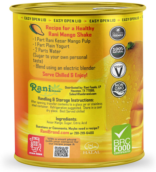 Rani Mango Pulp Puree (Makes Mango Lassi Shakes) Kesar Sweetened 30oz (1.875lbs) 850g ~ Kosher | All Natural | NON-GMO | Vegan | No colors | Gluten Friendly | Indian Origin