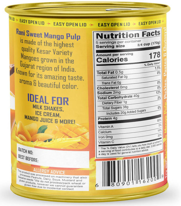 Rani Mango Pulp Puree (Makes Mango Lassi Shakes) Kesar Sweetened 30oz (1.875lbs) 850g ~ Kosher | All Natural | NON-GMO | Vegan | No colors | Gluten Friendly | Indian Origin
