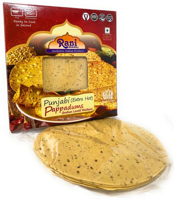 Rani Pappadums (Indian Lentil Wafer Snack) Punjabi Papad - Extra Hot, 7oz (200g) Approximately 15pc, 7 inches, Pack of 2 ~ All Natural | Gluten Friendly | NON-GMO | Vegan | Indian Origin