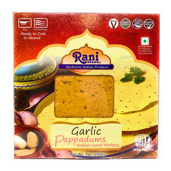 Rani Pappadums (Indian Lentil Wafer Snack) Garlic Papad 7oz (200g) Approximately 15pc, 7 inches ~ All Natural | Gluten Friendly | NON-GMO | Vegan | Indian Origin