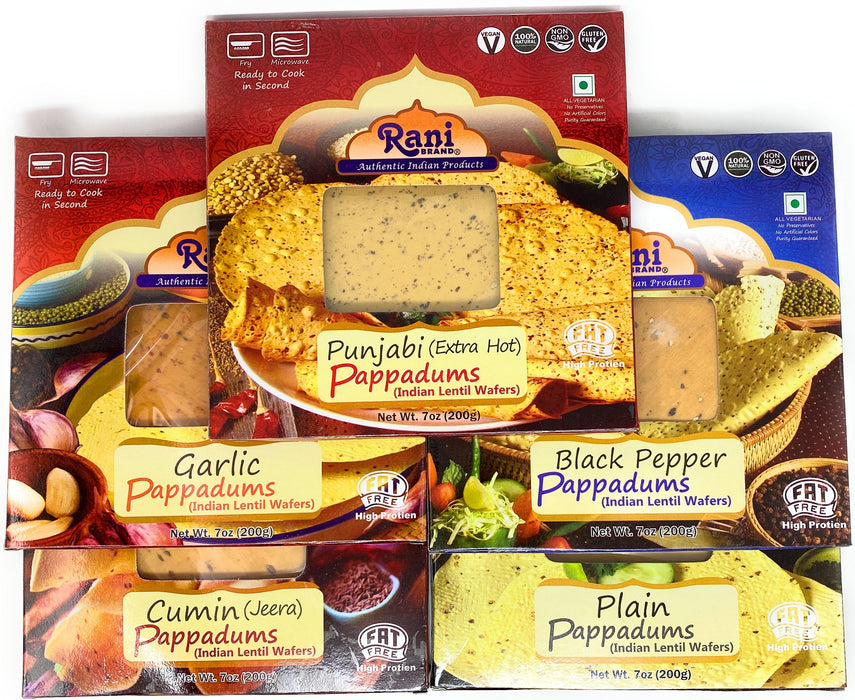 Rani Pappad (Lentil Wafer) 5-Variety Pack (Plain, Garlic, Cumin, Ex Hot, Black Pepper) 7ounce Approx 15pc, 7 inches  Natural, Gluten Free | NON-GMO