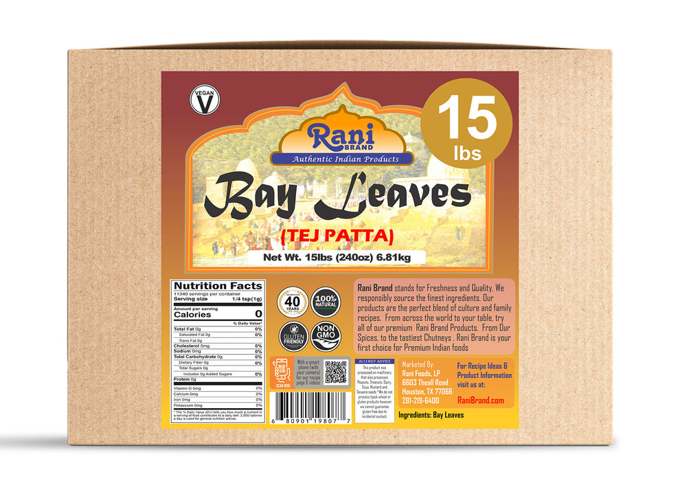Rani Bay Whole Leaf (Leaves) Spice Hand Selected Extra Large 240oz (15lbs) 6.8kg Bulk Box ~ All Natural | Gluten Friendly | NON-GMO | Vegan | Indian Origin (Tej Patta)