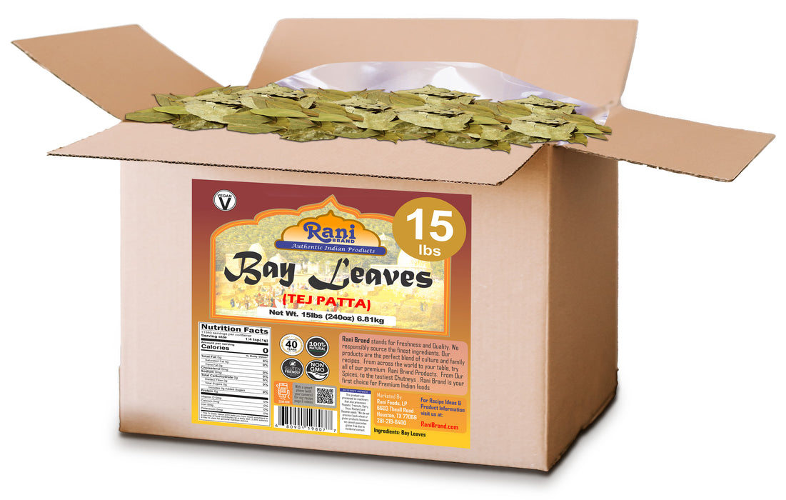 Rani Bay Whole Leaf (Leaves) Spice Hand Selected Extra Large 240oz (15lbs) 6.8kg Bulk Box ~ All Natural | Gluten Friendly | NON-GMO | Vegan | Indian Origin (Tej Patta)