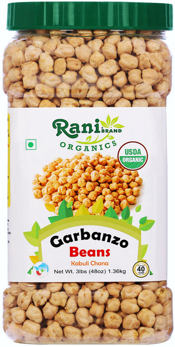 Rani Organic Garbanzo Beans (Kabuli Chana) 48oz (3lbs) 1.36kg Bulk PET Jar ~ All Natural | Vegan | Gluten Friendly | NON-GMO | Indian Origin