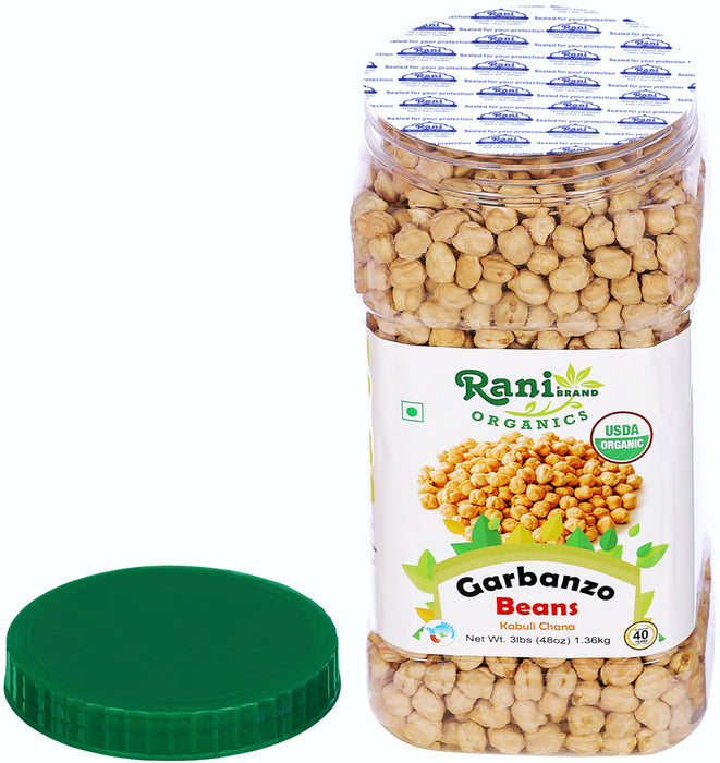 Rani Organic Garbanzo Beans (Kabuli Chana) 48oz (3lbs) 1.36kg Bulk PET Jar ~ All Natural | Vegan | Gluten Friendly | NON-GMO | Indian Origin