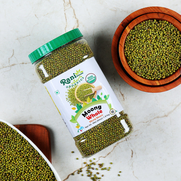 Rani Organic Moong Whole (Whole Mung Beans with Skin) Indian Lentils 64oz (4lbs) 1.81kg Bulk PET Jar ~ All Natural | Vegan | Gluten Friendly | NON-GMO