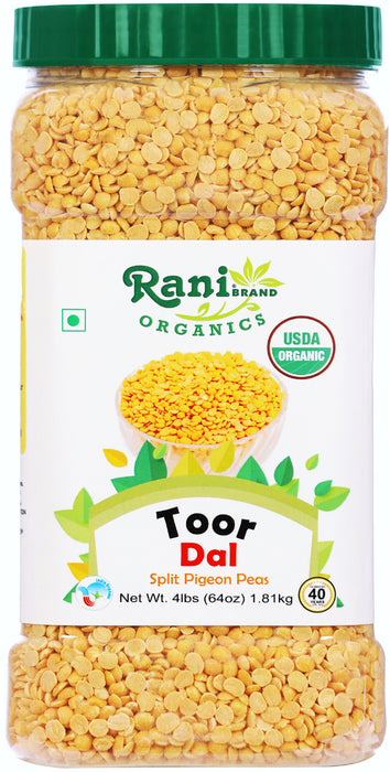 Rani Organic Toor Dal (Split Pigeon Peas) 64oz (4lbs) 1.81kg Bulk PET Jar ~ All Natural | Vegan | Gluten Friendly | NON-GMO | Indian Origin