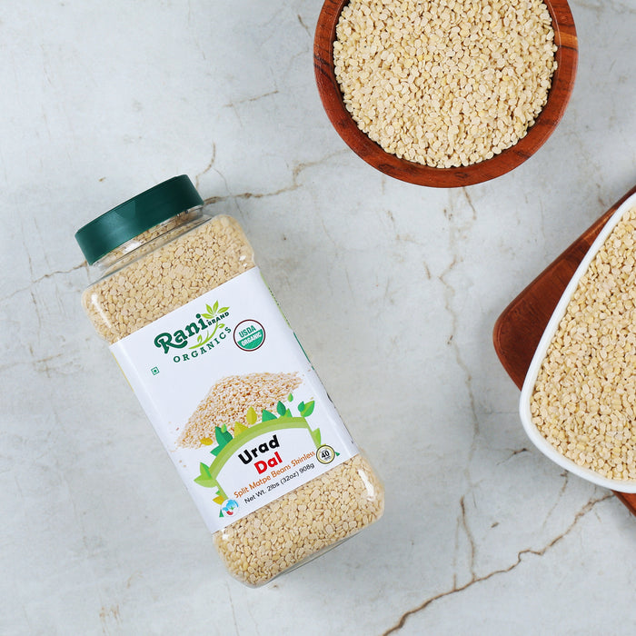 Rani Organic Urid/Urad Dal Chilka (Split Matpe Beans Skinless) Indian Lentils 32oz (2lbs) 908g PET Jar~All Natural | Vegan | Gluten Friendly | NON-GMO