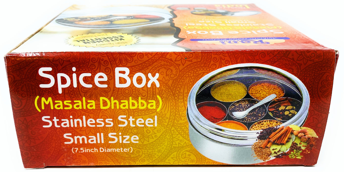 Rani Spice Box Stainless Steel Transparent Round Storage For Spices (Masala Dabba) 7 Compartments, with spoon (9.2in x 3in) ~ Packed in an attractive box, perfect for gifts!
