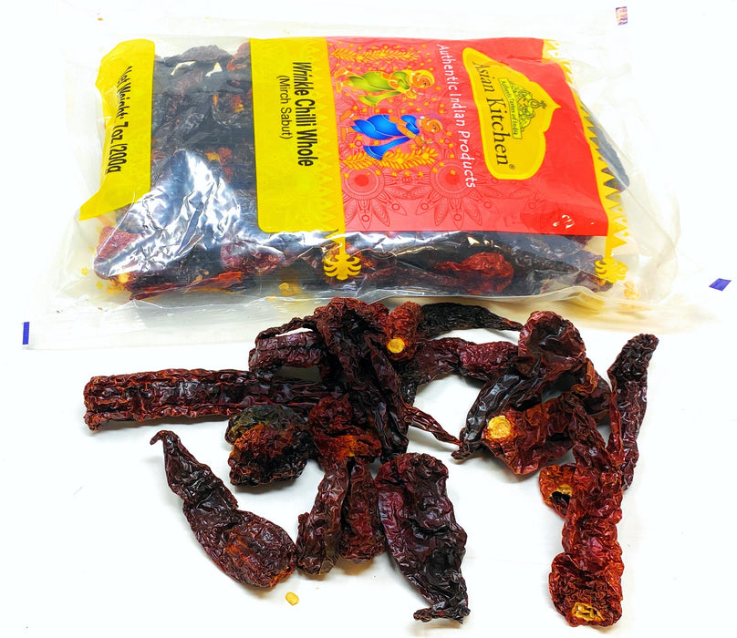Asian Kitchen Wrinkled Chilies Whole Stemless (Mirch Sabut) 7oz (200g) ~ All Natural | Vegan | No Colors | Gluten Friendly | Indian Origin