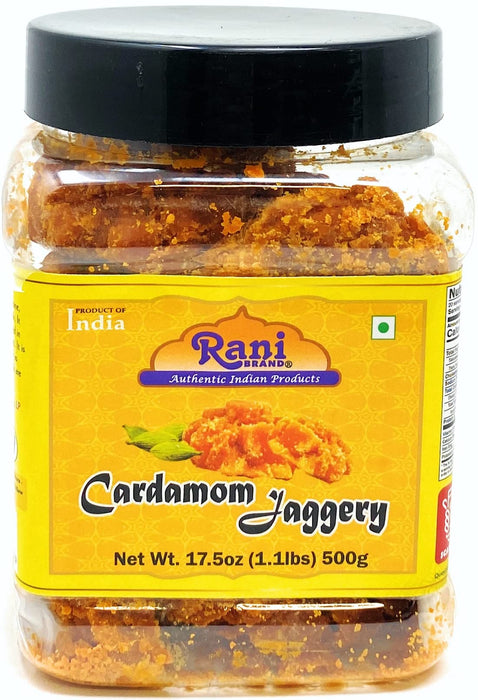 Rani Cardamom Jaggery (Gur) Indian Unrefined Raw Cane Sugar 17.5oz (1.1lbs) 500g PET Jar ~ Gluten Friendly | Vegan | NON-GMO | No Salt or fillers