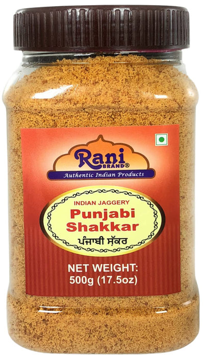 Rani Punjabi Shakkar (Gur Jaggery Powder) Indian Unrefined Raw Cane Sugar 17.5oz (1.1lbs) 500g PET Jar ~ Gluten Friendly | Vegan | NON-GMO | No Salt or fillers | Indian Product
