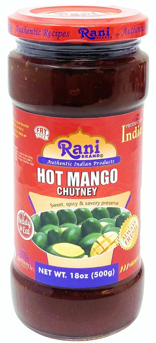 Rani Hot Mango Chutney (Spicy Indian Preserve) 18oz (1.1lbs) 500g Glass Jar, Ready to eat, Vegan ~ Gluten Free, All Natural, NON-GMO