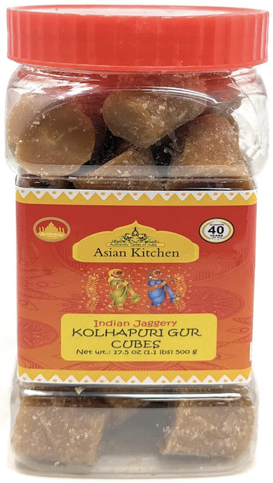 Asian Kitchen Kolhapuri Gur (Jaggery) Cubes 17.5oz (1.1lbs) 500g PET Jar ~ Unrefined Cane Sugar, No Color added, Gluten Friendly | Vegan | NON-GMO | No Salt or fillers