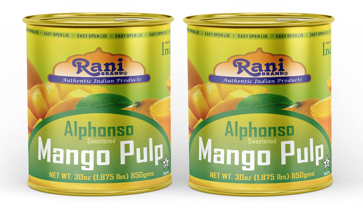 Rani Mango Pulp Puree (Makes Mango Lassi Shakes) Alphonso Sweetened 30oz (1.875lbs) 850g Pack of 2 ~ Kosher | All Natural | NON-GMO | Vegan | No colors | Gluten Friendly | Indian Origin
