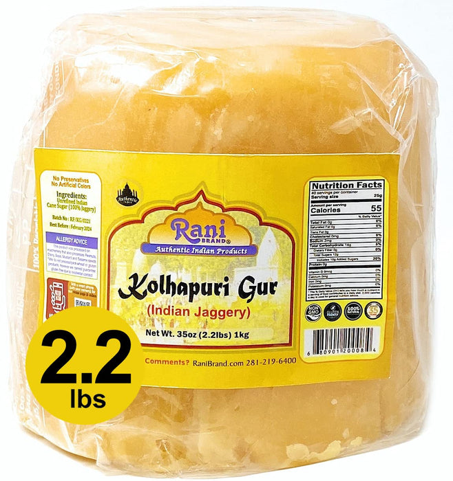Rani Kolhapuri Gur (Jaggery) 1kg (2.2lbs) ~ Indian Unrefined Raw Cane Sugar, No Color added, Gluten Friendly | Vegan | NON-GMO | No Salt or fillers