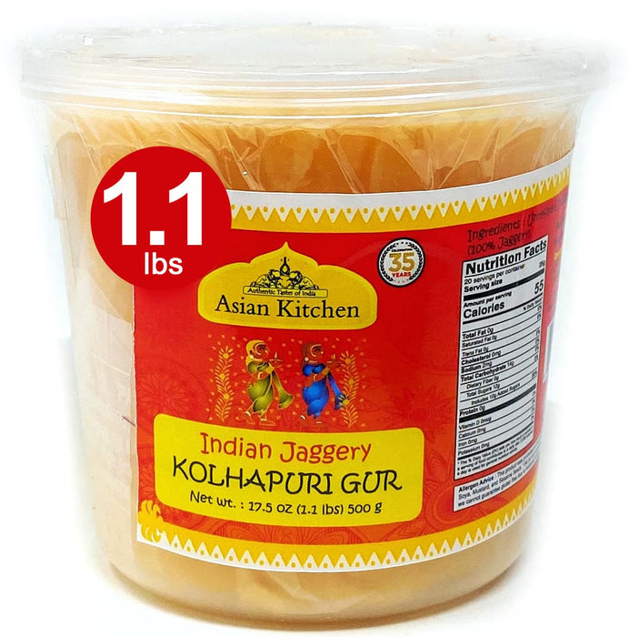 Asian Kitchen Kolhapuri Gur (Jaggery) 17.5oz (1.1lbs) 500g PET Jar ~ Unrefined Cane Sugar | No Color added | Gluten Friendly | Vegan | NON-GMO