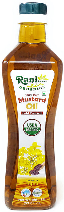 Rani Organic Mustard Oil (Cold Pressed) 33.8oz (1 Liter) ~ 100% Natural | Vegan | Gluten Free | NON-GMO | Indian Origin