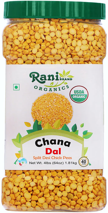 Rani Organic Chana Dal (Split Desi Chickpeas without skin) 64oz (4lbs) 1.81kg Bulk PET Jar ~ All Natural | Vegan | Gluten Friendly | NON-GMO