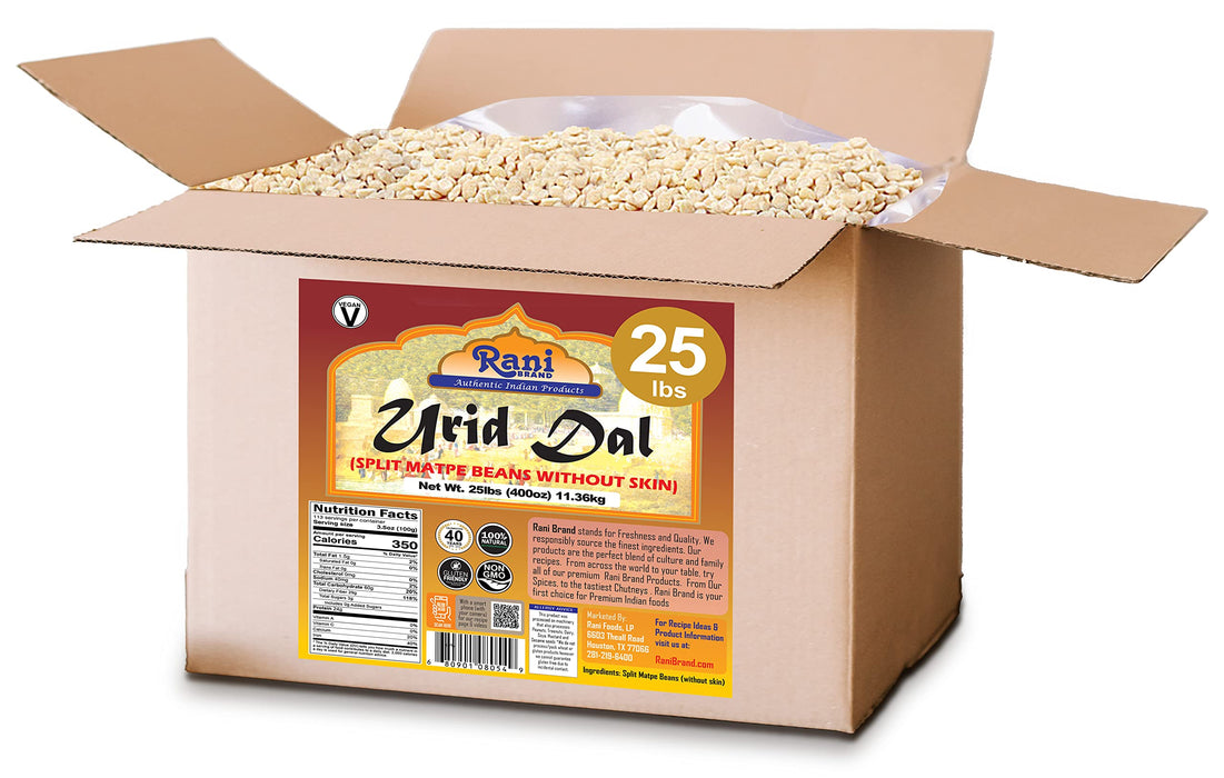 Rani Urid/Urad Dal (Split Matpe Beans Skinless) Indian Lentils 400oz (25lbs) 11.36kg Bulk Box ~ All Natural | Gluten Friendly | NON-GMO | Vegan | Indian Origin