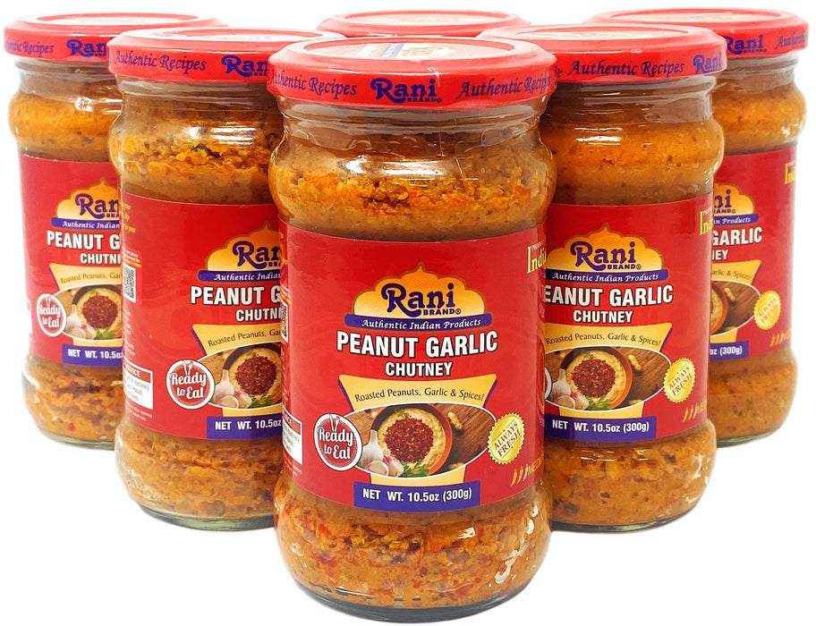 Rani Peanut Garlic Chutney 10.5oz (300g) Glass Jar, Ready to Eat, Pack of 5+1 FREE ~ Vegan | Gluten Free | NON-GMO | No Colors | Indian Origin