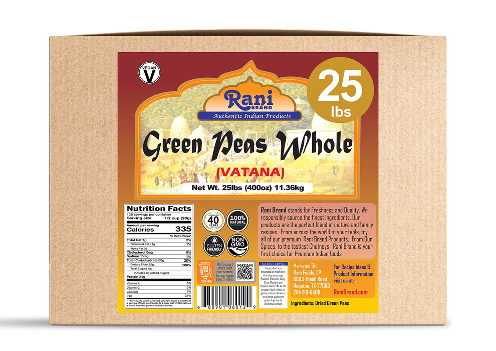 Rani Green Peas Whole, Dried (Marrowfat Peas, Vatana, Matar) 400oz (25lbs) 11.36kg Bulk Box ~ Used to make Mushy Peas | All Natural | Vegan | Gluten Friendly | Product of USA