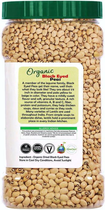 Rani Organic Black Eyed Peas (Dried Lobia) 64oz (4lbs) 1.81kg Bulk PET Jar ~ All Natural | Vegan | Gluten Friendly | NON-GMO| USDA Certified Organic