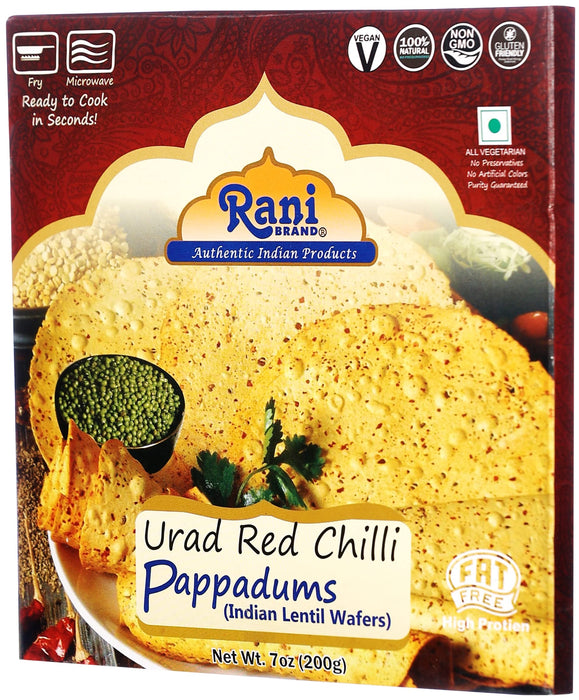 Rani Pappadums (Indian Lentil Wafer Snack) Red Chilli Papad 7oz (200g) Approximately 15pc, 7 inches ~ All Natural | Gluten Friendly | NON-GMO | Vegan | Indian Origin