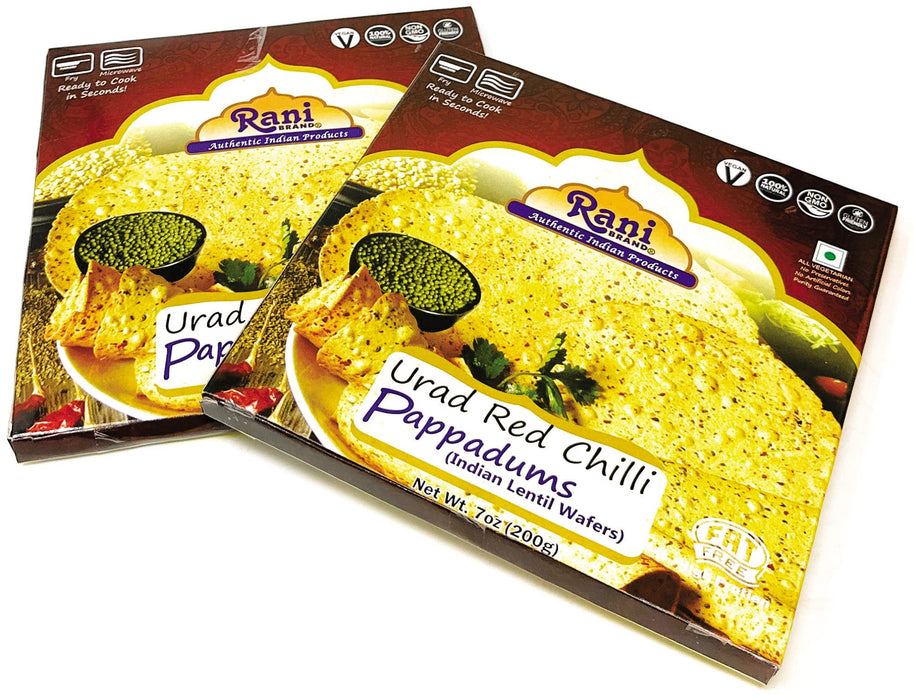 Rani Pappadums (Indian Lentil Wafer Snack) Red Chilli Papad 7oz (200g) Approximately 15pc, 7 inches, Pack of 2 ~ All Natural | Gluten Friendly | NON-GMO | Vegan | Indian Origin