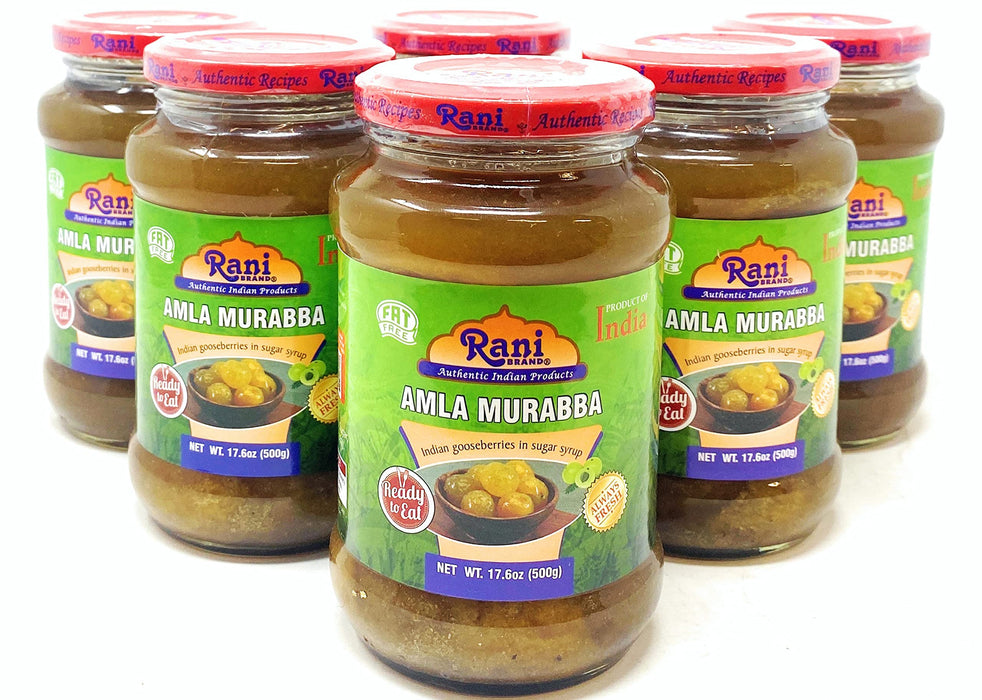 Rani Amla Murabba (Indian Gooseberries in Sugar Syrup) 17.5oz (1.1lbs) 500g Glass Jar, Pack of 5+1 FREE ~ All Natural | Vegan | Gluten Free | NON-GMO