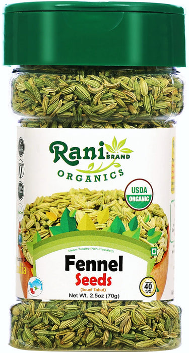 Rani Organic Fennel Seeds (Saunf Sabut) Whole Spice 2.5oz (70g) PET Jar ~ All Natural | Gluten Friendly | Indian Origin | USDA Certified Organic