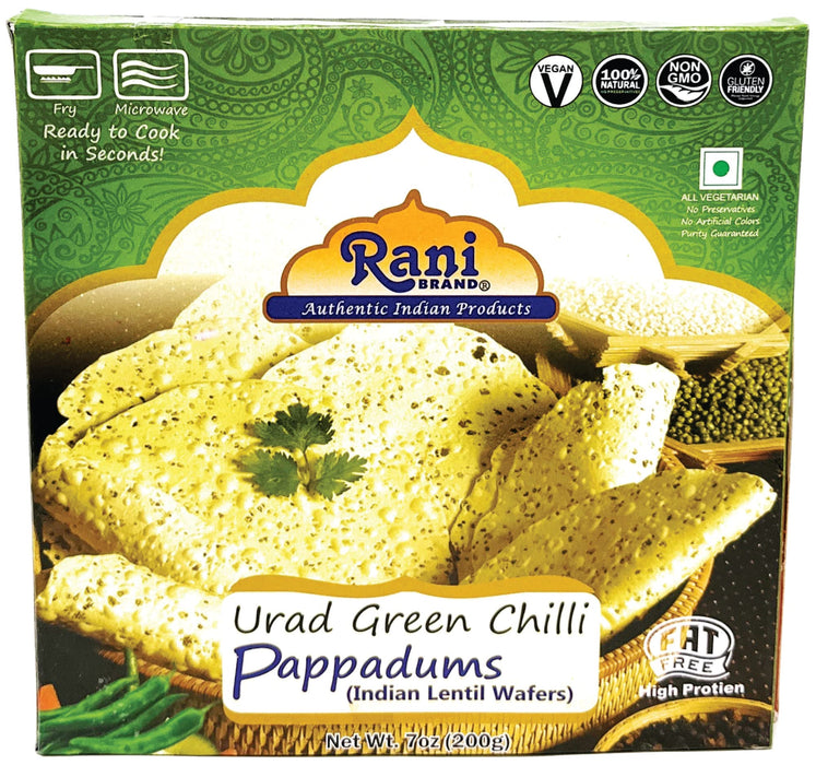 Rani Pappadums (Indian Lentil Wafer Snack) Green Chilli Papad 7oz (200g) Approximately 15pc, 7 inches, Pack of 12 ~ All Natural | Gluten Friendly | NON-GMO | Vegan | Indian Origin