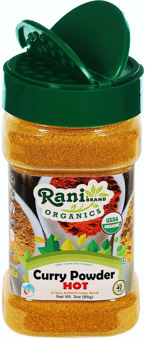 Rani Organic Curry Powder Hot (9-Spice Authentic Indian Blend) 3oz (85g) PET Jar ~ All Natural | Salt-Free | Gluten Friendly | USDA Certified Organic