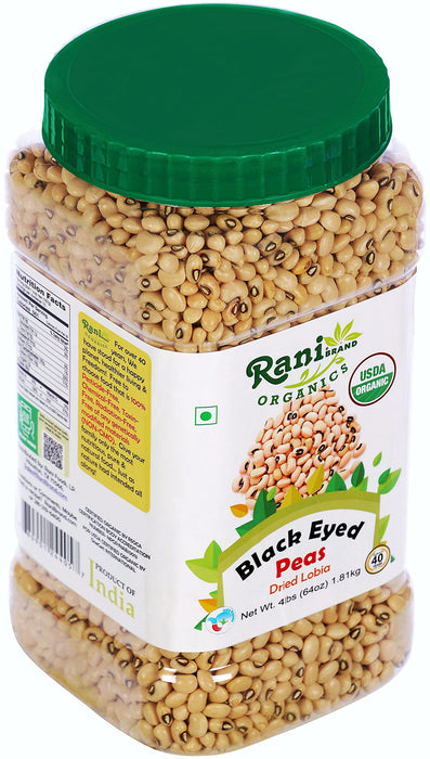Rani Organic Black Eyed Peas (Dried Lobia) 64oz (4lbs) 1.81kg Bulk PET Jar ~ All Natural | Vegan | Gluten Friendly | NON-GMO| USDA Certified Organic